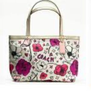 Coach Floral Tote in Pink and Cream with Gold Accents
